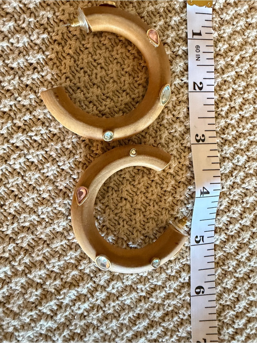 Boutique wooden Hoop Earrings with Multi-Color Gem Accents EUC